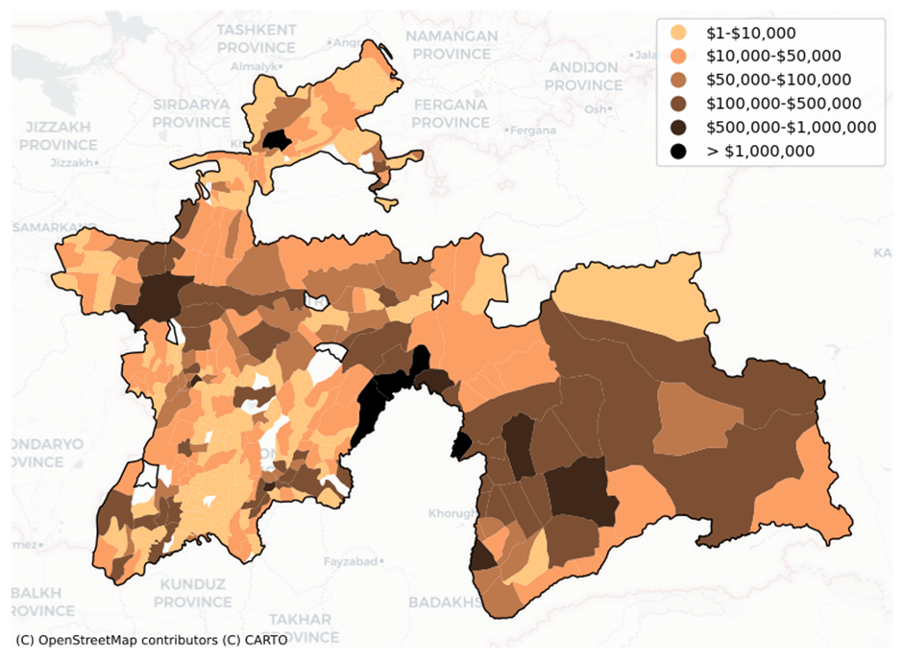 Figure: Expected Annual Damage for river flooding in Tajikistan per municipality (draft)
